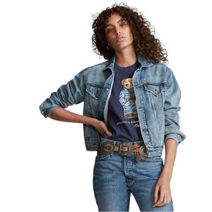 POLO RALPH LAUREN Medium Wash Denim Button Up Cropped Moto Jean Jacket Size S‎